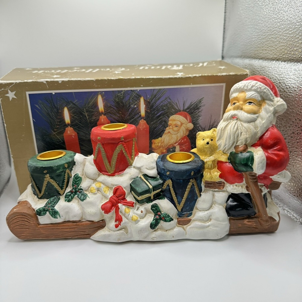 World Bazaars Holiday Collection Ceramic Santa 3 Taper Candle Holder WITH BOX